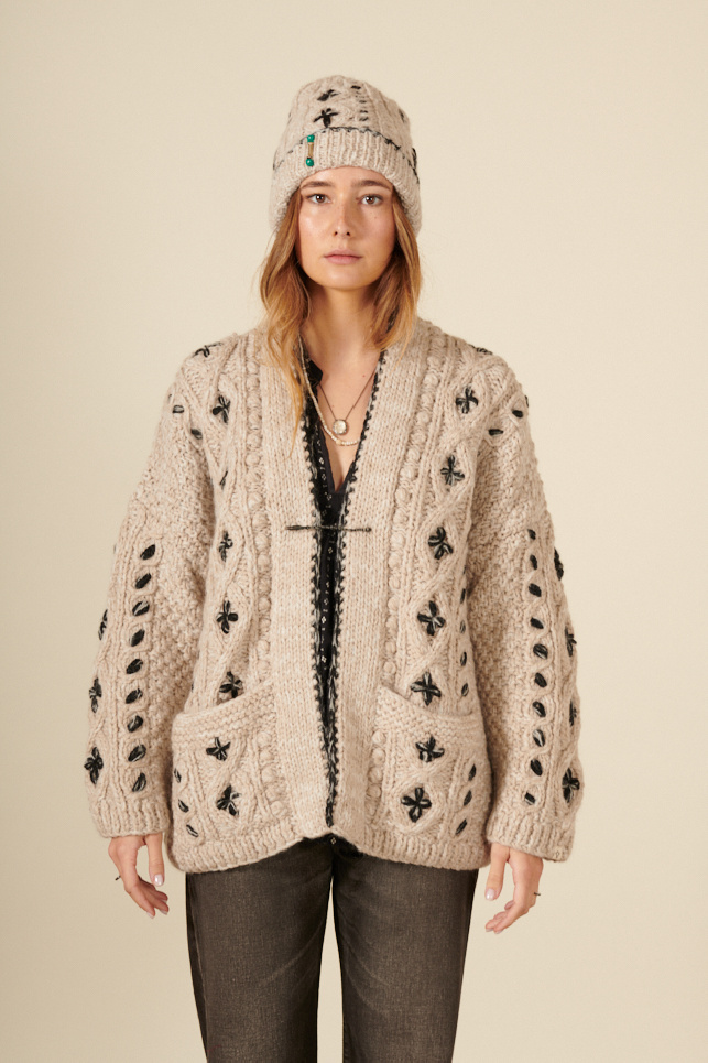 wool kimono jacket with floral motifs